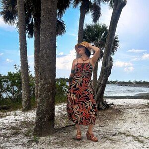 Tropical leaves pattern- Tunnel Shoulder smocked midi dress (S,M,L)